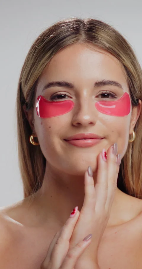 Eye patch, skincare and face of woman in studio for fine line treatment Stock Footage 333748102