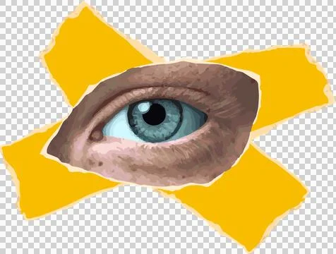 Eye is peeking in close-up vector through torn yellow paper on transparent Illustrazione stock