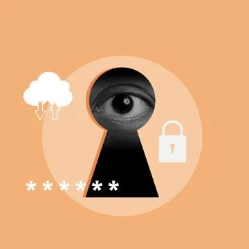 Eye peeking through a keyhole with a colored background. Concept of securit.. Stockfoto's
