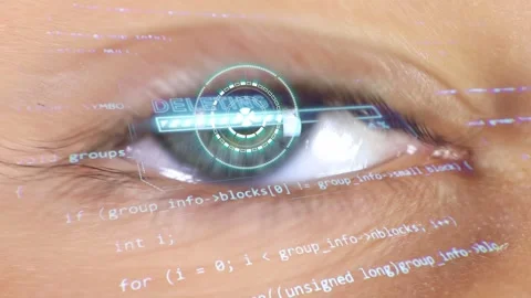 Eye with program code. Futuristic. Technology. Green and blue. Eye close-up Stock Footage 243558406