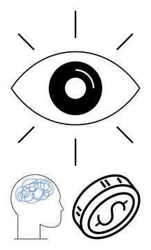 Eye with radiating lines above a brain and dollar coin representing vision,.. Ilustración de archivo