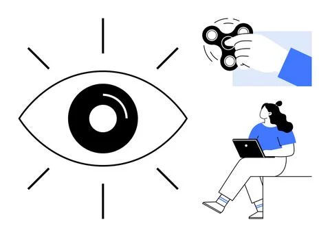 Eye with Rays, Hand Holding Fidget Spinner, and Woman Sitting with Laptop Stock Illustration