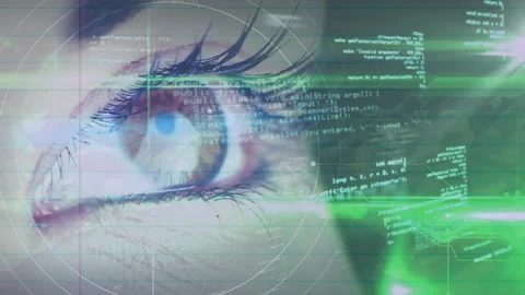 Eye receiving code overlay, initiating biometric scan, showing scan beam Stock Footage 312415617