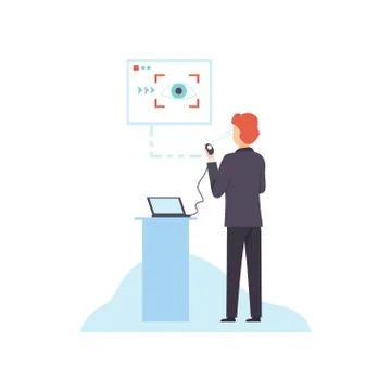 Eye Retina Scan, Virtual Verification Identity, Man Using Gadget with Biometric Stock Illustration