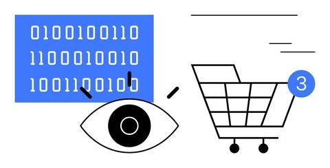 Eye Scanning Digital Data Next to Shopping Cart with Notification Symbol Re.. Stockillustratie