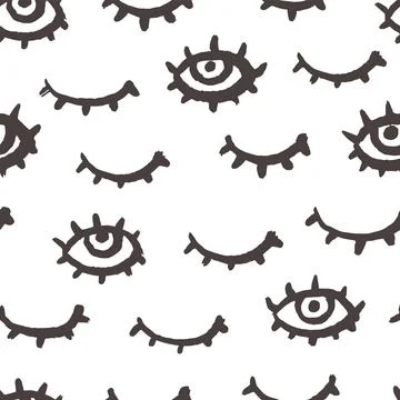 Eye seamless pattern. Grunge doodle makeup fashion print. Black and white simple Stock Illustration