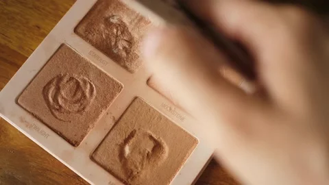 Eye shadows cosmetics damaged, eyeshadow palette destroyed by children Stock Footage 185506459