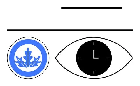 Eye-shaped clock with black dial and oak leaf badge in blue circle, separated Stock Illustration