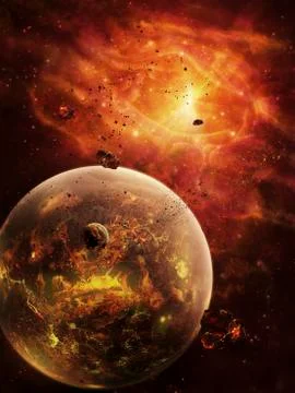 An eye-shaped nebula and ring of glowing debris around a planetary system. Stock Illustration
