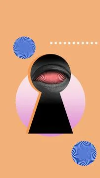 Eye with a spiral pattern visible through a keyhole. Geometric shapes such .. Stock Photos