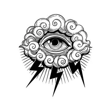 Eye in storm  Swirling clouds with lightning bolts  White background Stock Illustration