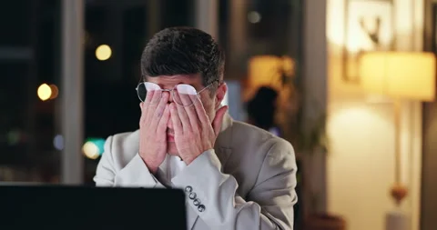 Eye strain, night and tired business man in office for overwork, deadline and Stock-Footage 277217347