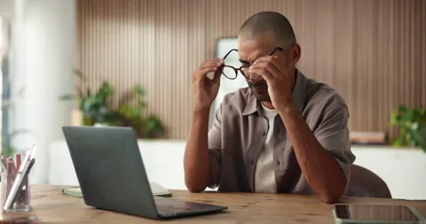 Eye strain, programmer and glasses with man and laptop for algorithm glitch, Video stock 329400221