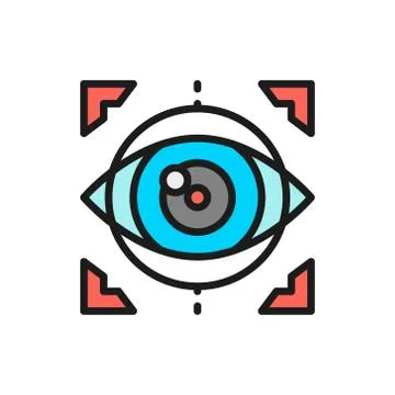 Eye surgery, lens replacement, laser vision correction flat color line icon. Illustrazione stock