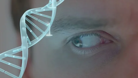 Eye surounded by binary code and spinning DNA helix Video stock 104957030