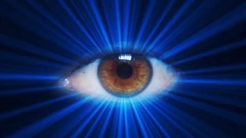 Eye surrounded by blue shining rays, providence spirituality exploration concept Stock Footage 240649522