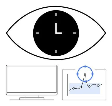 Eye Symbol with Clock Center, Computer Monitor, and Analytics Chart for Pro.. Stock Illustration