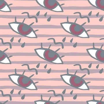 Eye with tears seamless pattern. Pink background with purple strips. Stylized Stock Illustration