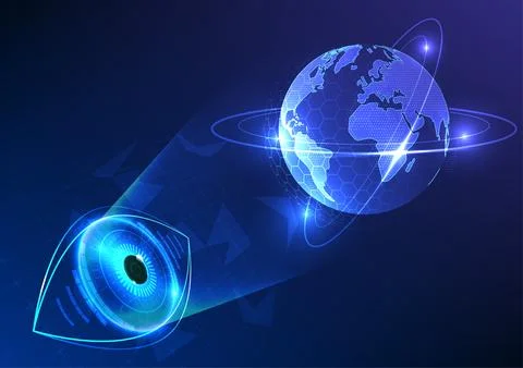 Eye technology looks at a globe with a ring around it. Global internet netw.. 스톡 일러스트