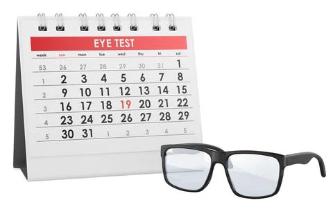 Eye test appointment calendar with black eyeglasses. 3D rendering Stock Illustration