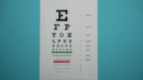 Eye test chart on blue background. Eye test coming into focus Stock Footage 266836413