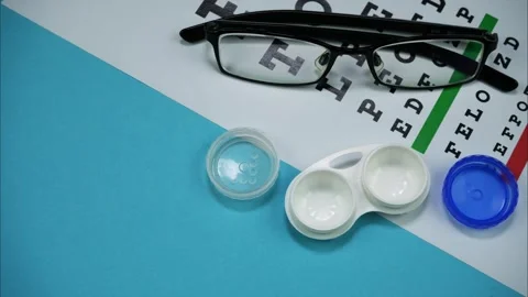 Eye Test Chart, Glasses And Contact Lenses Appear On A Blue Background Stock Footage 268888450