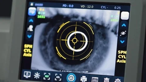 Eye test at an optometry clinic in the city showing a person operating a vision Video stock 336319787