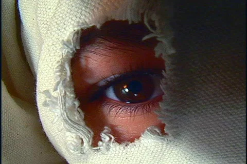 Eye Through Burlap Cloth Horror Halloween Stock Footage 141449