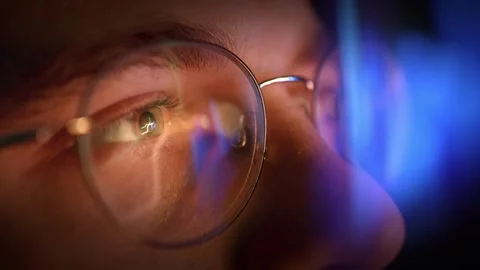 Eye Through Glasses Watching Computer Screen Technology Digital Reflection Stock Footage 297322947
