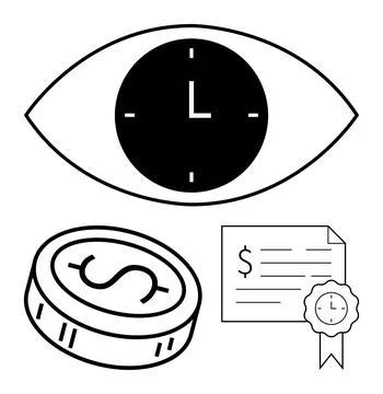 Eye with Time Clock, Coin with Dollar Sign, and Document with Seal Represen.. Stock Illustration