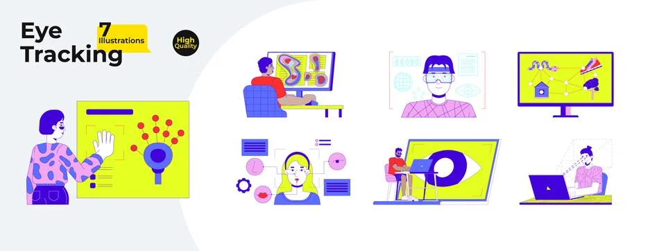 Eye tracking and UX testing technology cartoon flat illustrations mega bundle 스톡 일러스트