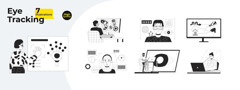 Eye tracking and UX testing technology outline illustrations mega bundle Stock Illustration