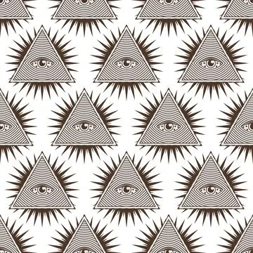 Eye in the triangle, pyramid vector icon. Seamless pattern. The sign of the t Stock Illustration