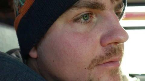 The eye twitches. The guy rides on the train and looks out the window. Addict 動画素材 124559077