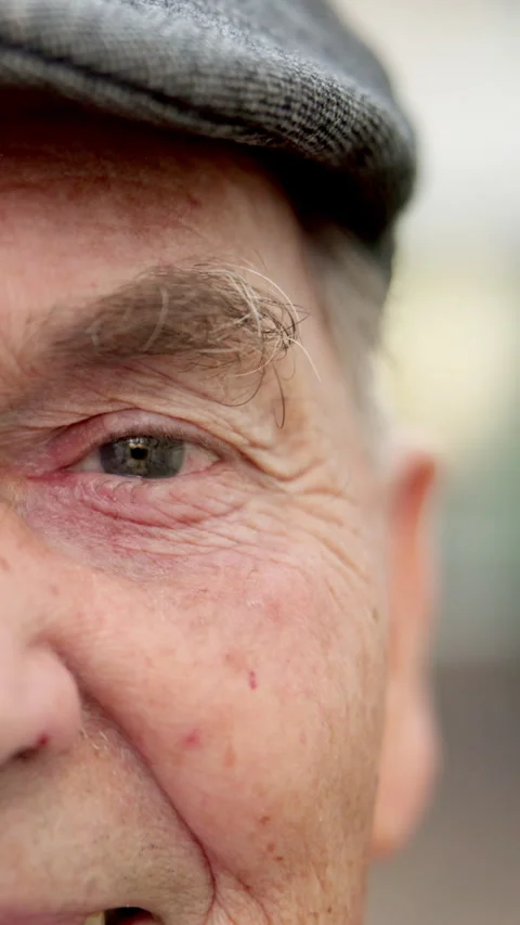 Eye, vision and old man outdoor with face, optometry and wellness with glaucoma Stock Footage 340872110