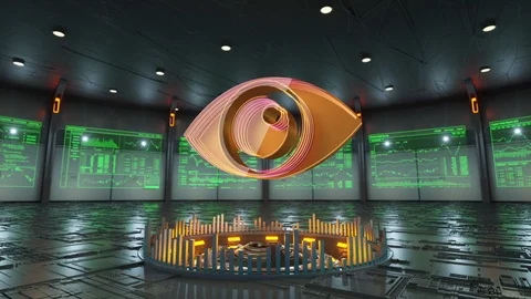 Eye vision icon surrounded by data screens appears in the middle of hi-tech room Stock Footage 86906735