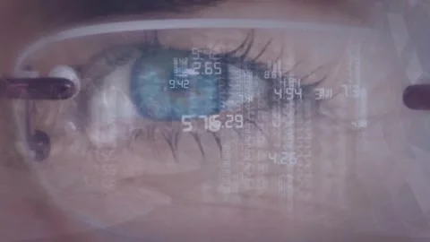 Eye wearing AR glasses projecting overlays on HUD activation, sliding numeric Stock Footage 326425511