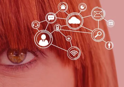 Eye of woman looking at cloud computing digital interface Stock Photos