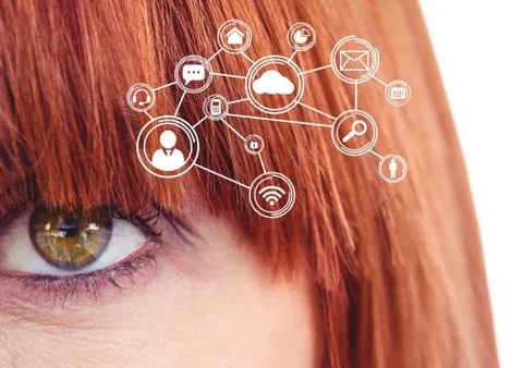 Eye of woman looking at cloud computing digital interface Stock Photos