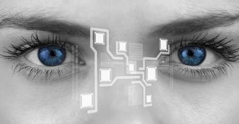 Eye of woman looking at cloud computing digital interface Foto stock