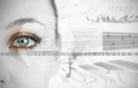 Eye of woman next to binary codes close up Stock Photos