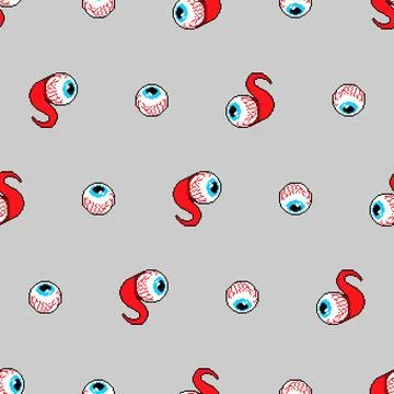 Eyeball pixel art pattern seamless. 8 bit Eye and nerves anatomy background. Stock Illustration