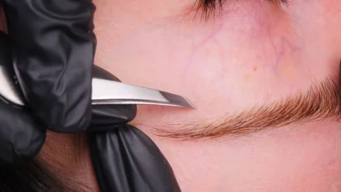 Eyebrow artist plucks client brows using precision tweezers Stock Footage 278317611