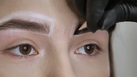Eyebrow coloring by a cosmetologist. Stockbeeldmateriaal 127961875