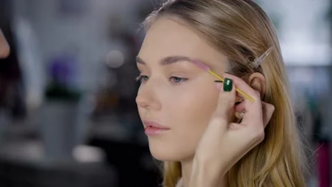 The eyebrow master is styling the eyebrows with a brush for a beautiful blonde Stock Footage 235659828