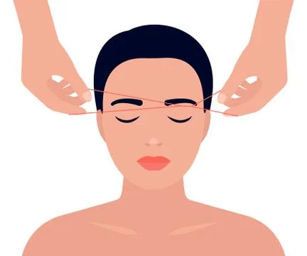 Eyebrow shaping with thread. Removing excess facial hair. Woman face and hand Stock Illustration