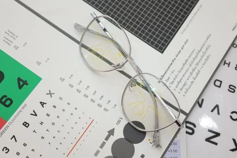 Eyeglass in optical shop, progressive lens glasses Fotos de archivo