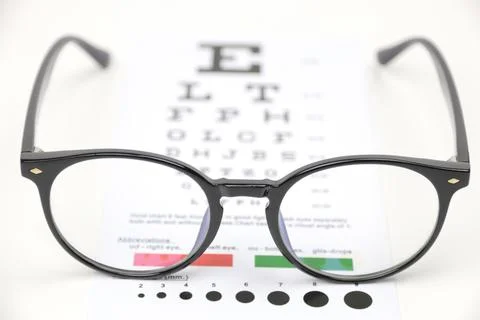 Eyeglasses on blur chart 스톡 사진