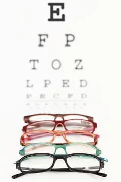 Eyeglasses on an eye chart Stock Photos