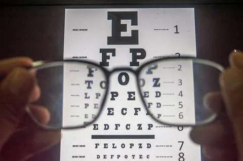 Eyeglasses held in front of an eye chart with blurred background and sharp .. 스톡 사진
